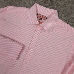 Thomas Pink Shirt Mens L 16.5 35 Gingham Classic French Cuff Dress Button Up EUC
